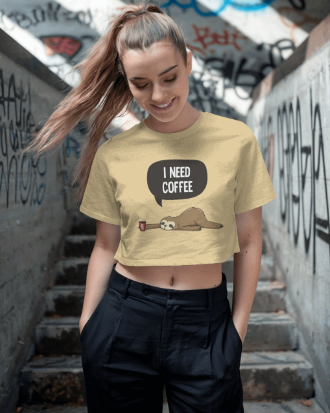 I Need Coffee Sloth Graphic Crop Top | Funny Women’s Tee