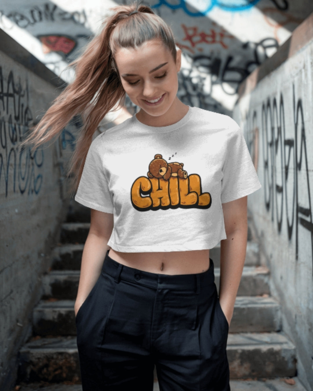 Chill Bear Graphic Crop Top | Cute Relaxed Casual Tee for Women