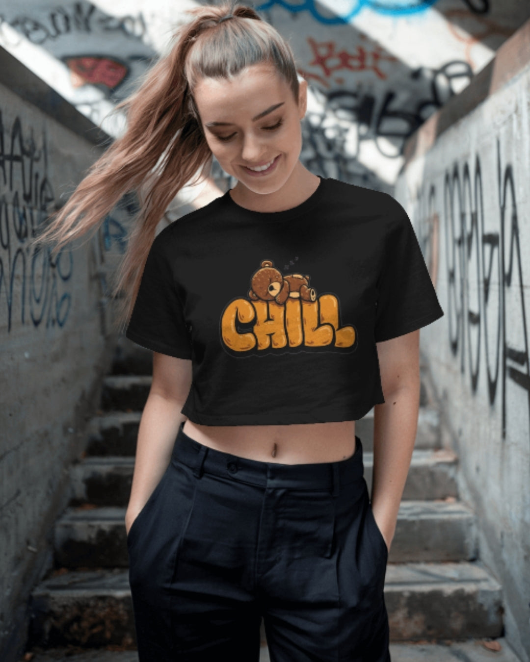 Chill Bear Graphic Crop Top | Cute Relaxed Casual Tee for Women