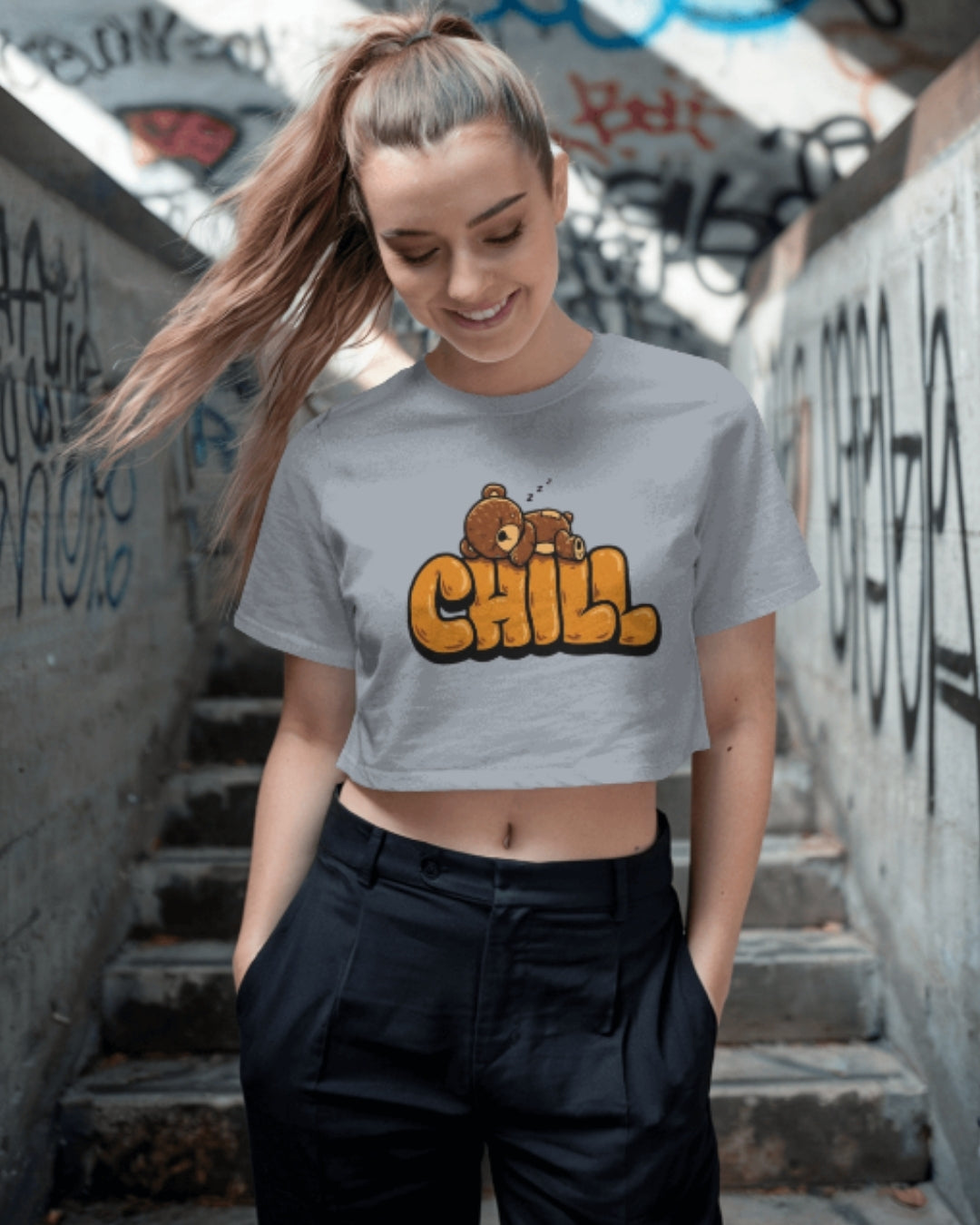 Chill Bear Graphic Crop Top | Cute Relaxed Casual Tee for Women