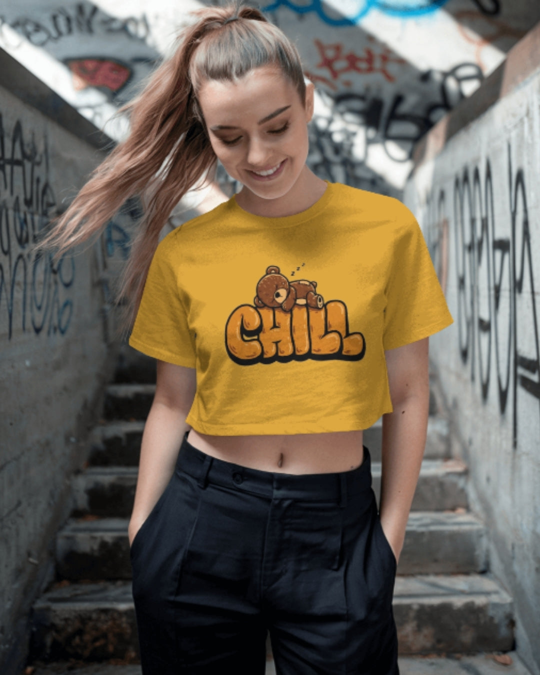 Chill Bear Graphic Crop Top | Cute Relaxed Casual Tee for Women