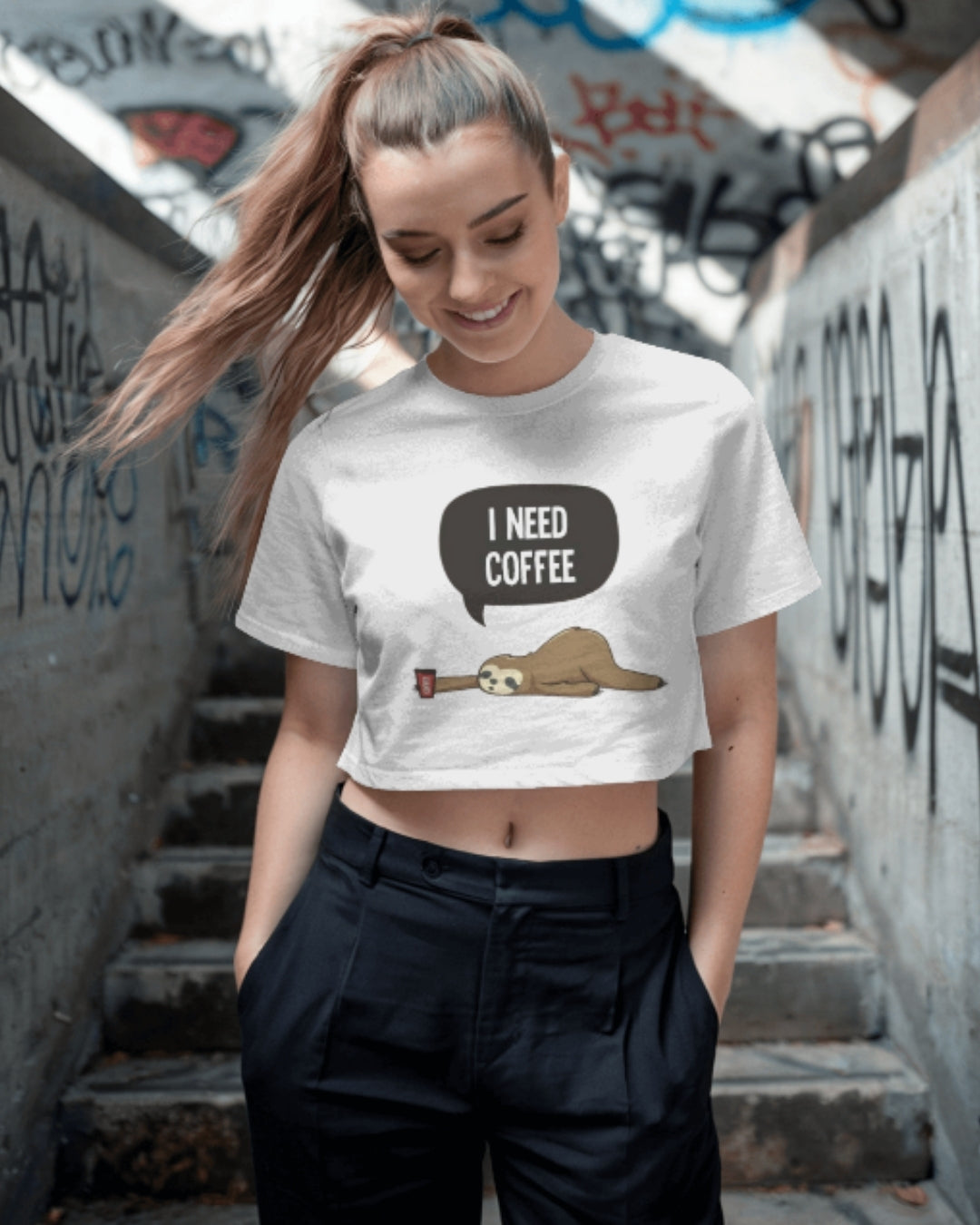 I Need Coffee Sloth Graphic Crop Top | Funny Women’s Tee