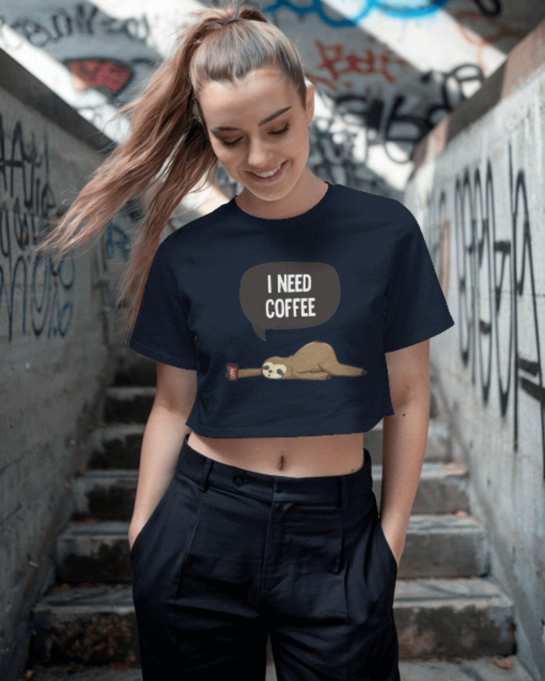 I Need Coffee Sloth Graphic Crop Top | Funny Women’s Tee