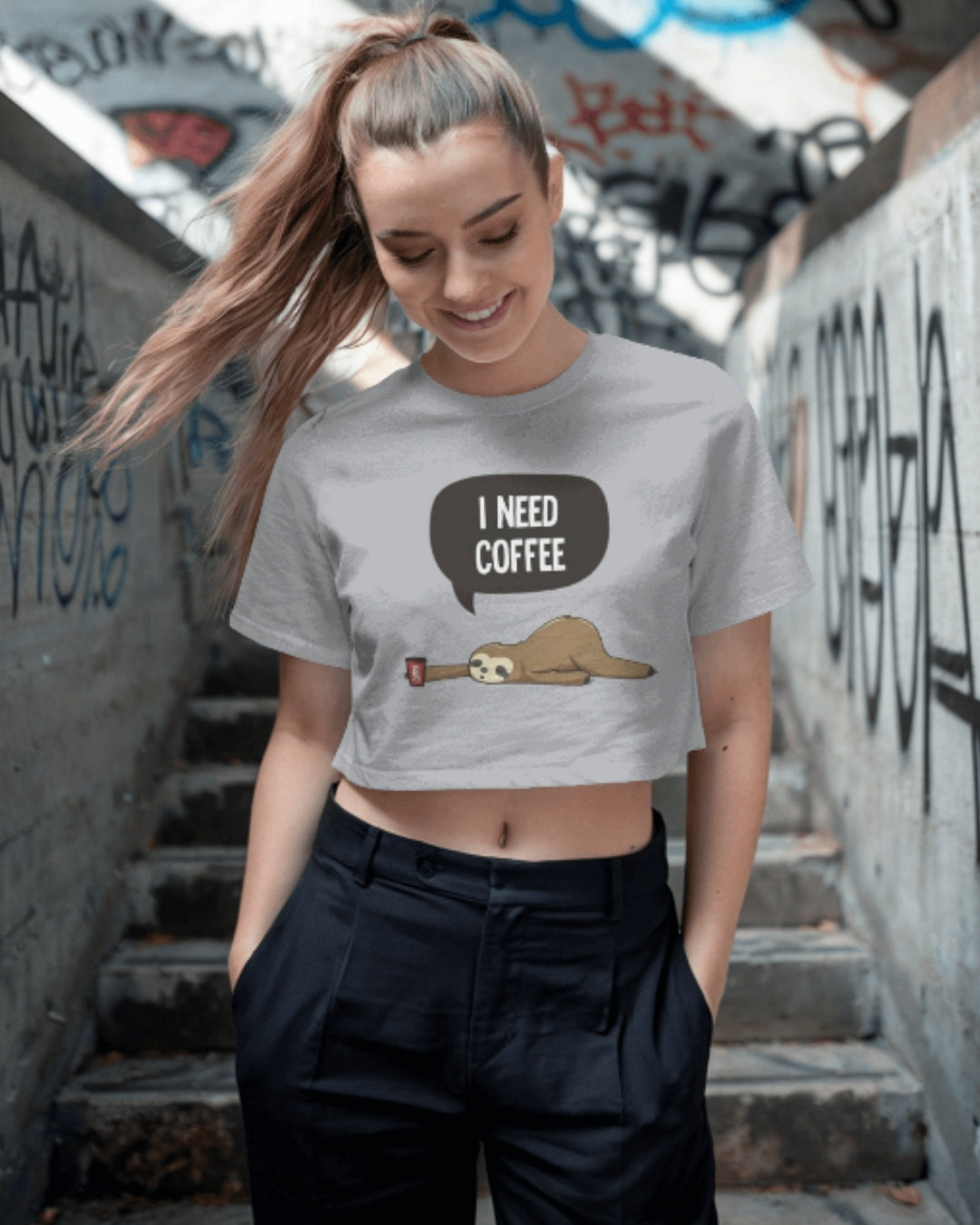 I Need Coffee Sloth Graphic Crop Top | Funny Women’s Tee