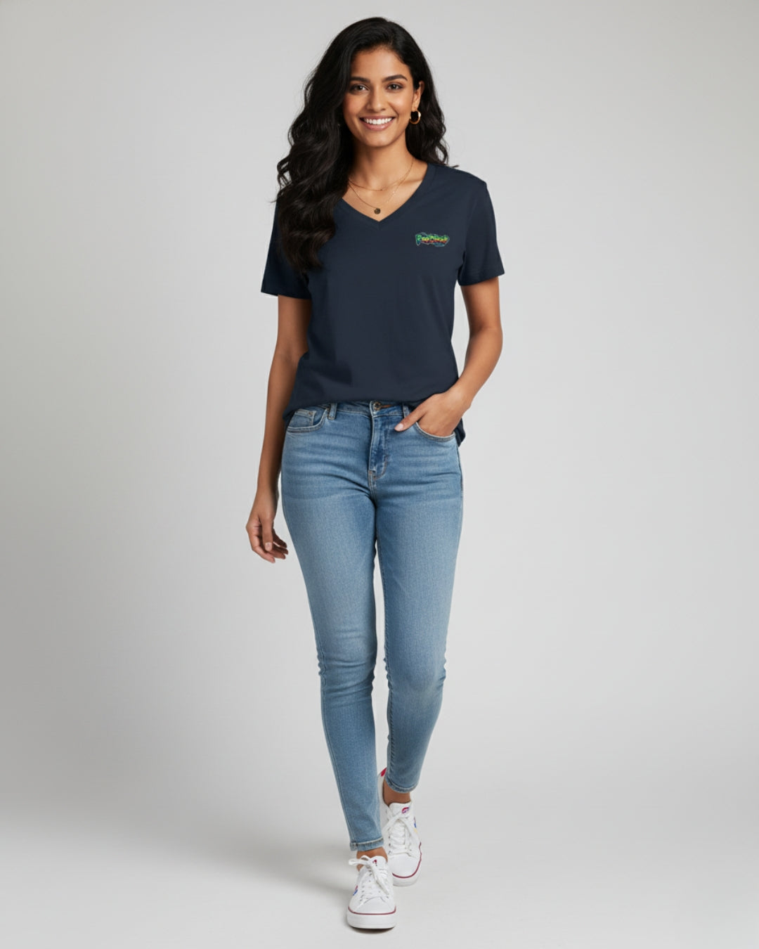 Navy Blue PopDrop Logo Unisex V-Neck Tee | Streetwear Essential