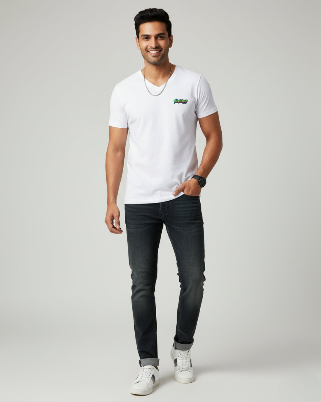 White PopDrop Logo Unisex V-Neck Tee | Streetwear Essential