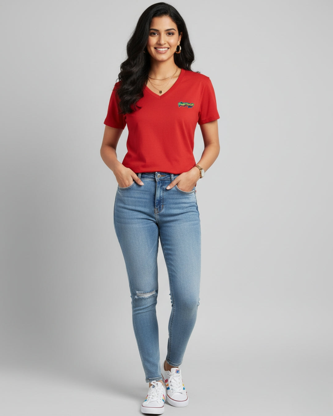 Red PopDrop Logo Unisex V-Neck Tee | Streetwear Essential