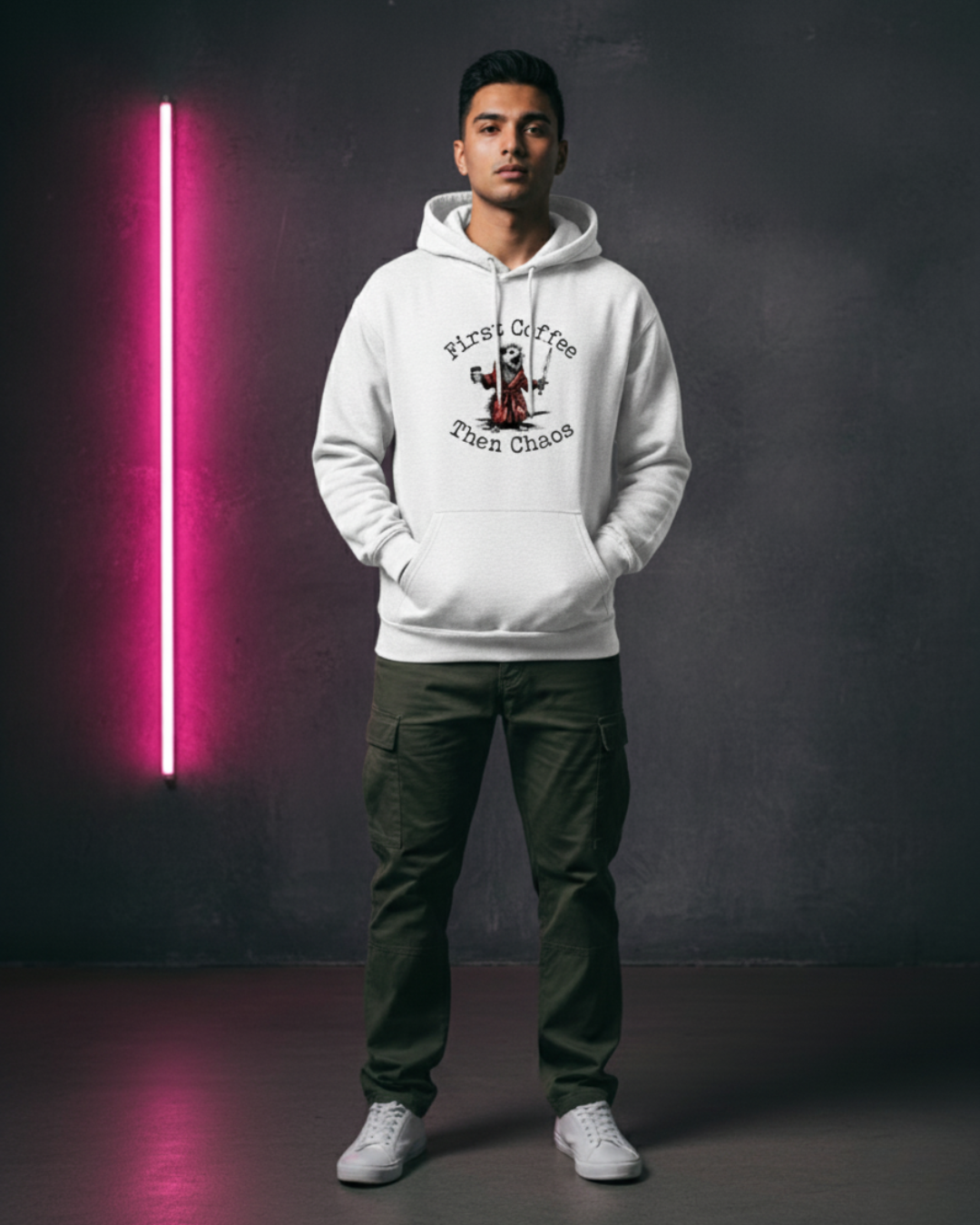 First Coffee Then Chaos Hoodie — Possum Warrior