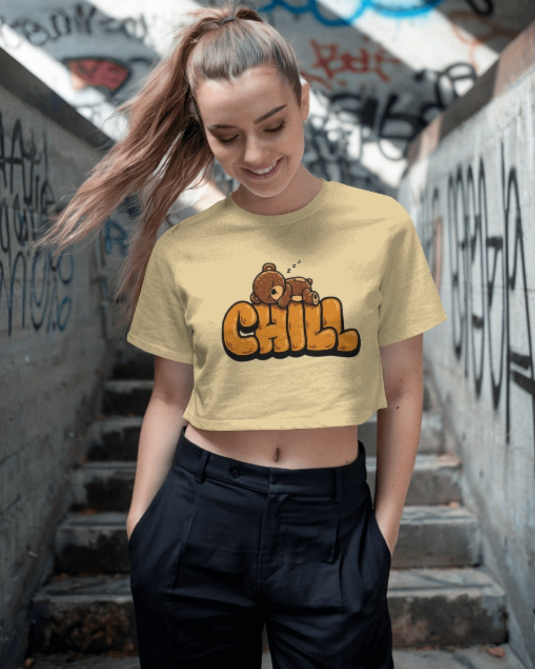 Chill Bear Graphic Crop Top | Cute Relaxed Casual Tee for Women