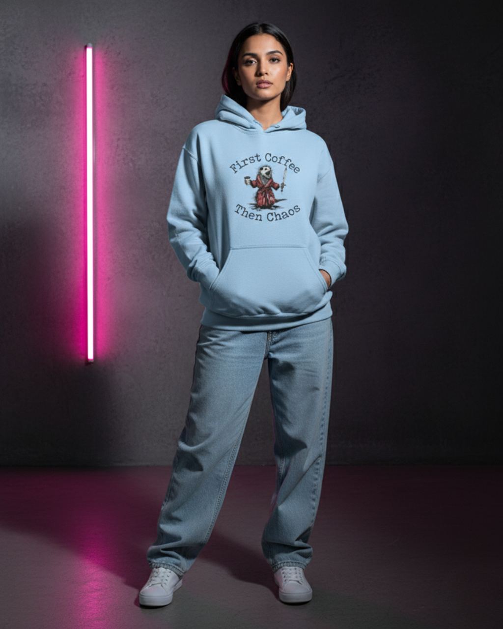 First Coffee Then Chaos Hoodie — Possum Warrior