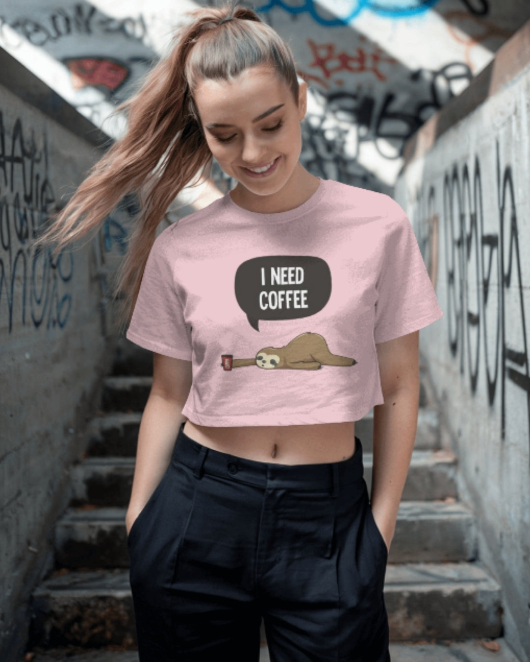 I Need Coffee Sloth Graphic Crop Top | Funny Women’s Tee