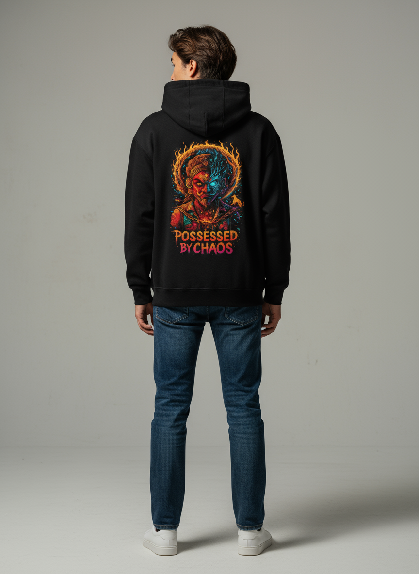 Possessed By Chaos Split-Face Hoodie — Neon Tribal Cyberstreet