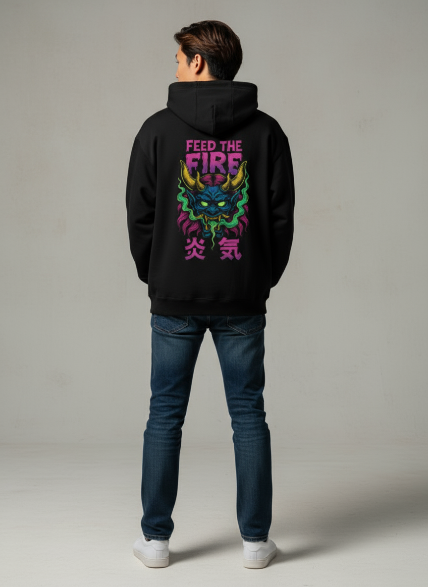 Feed The Fire Demon Hoodie — Neon Oni Flame Streetwear