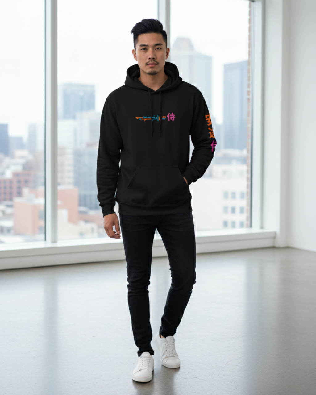 Code of Chaos Back Graphic Hoodie — Neon Samurai Katana Streetwear