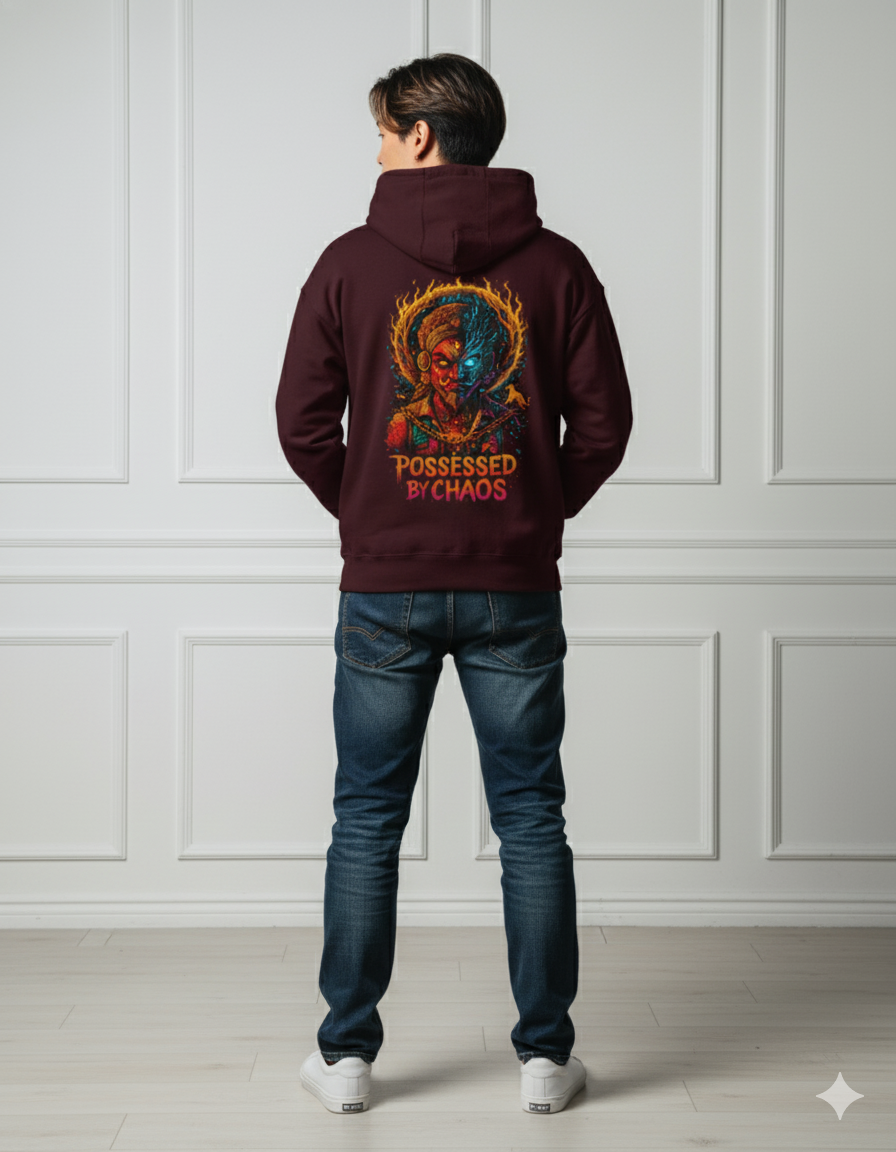 Possessed By Chaos Split-Face Hoodie — Neon Tribal Cyberstreet