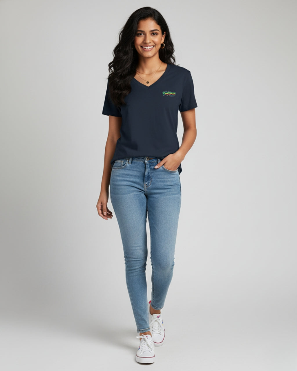 Navy Blue PopDrop Logo Unisex V-Neck Tee | Streetwear Essential