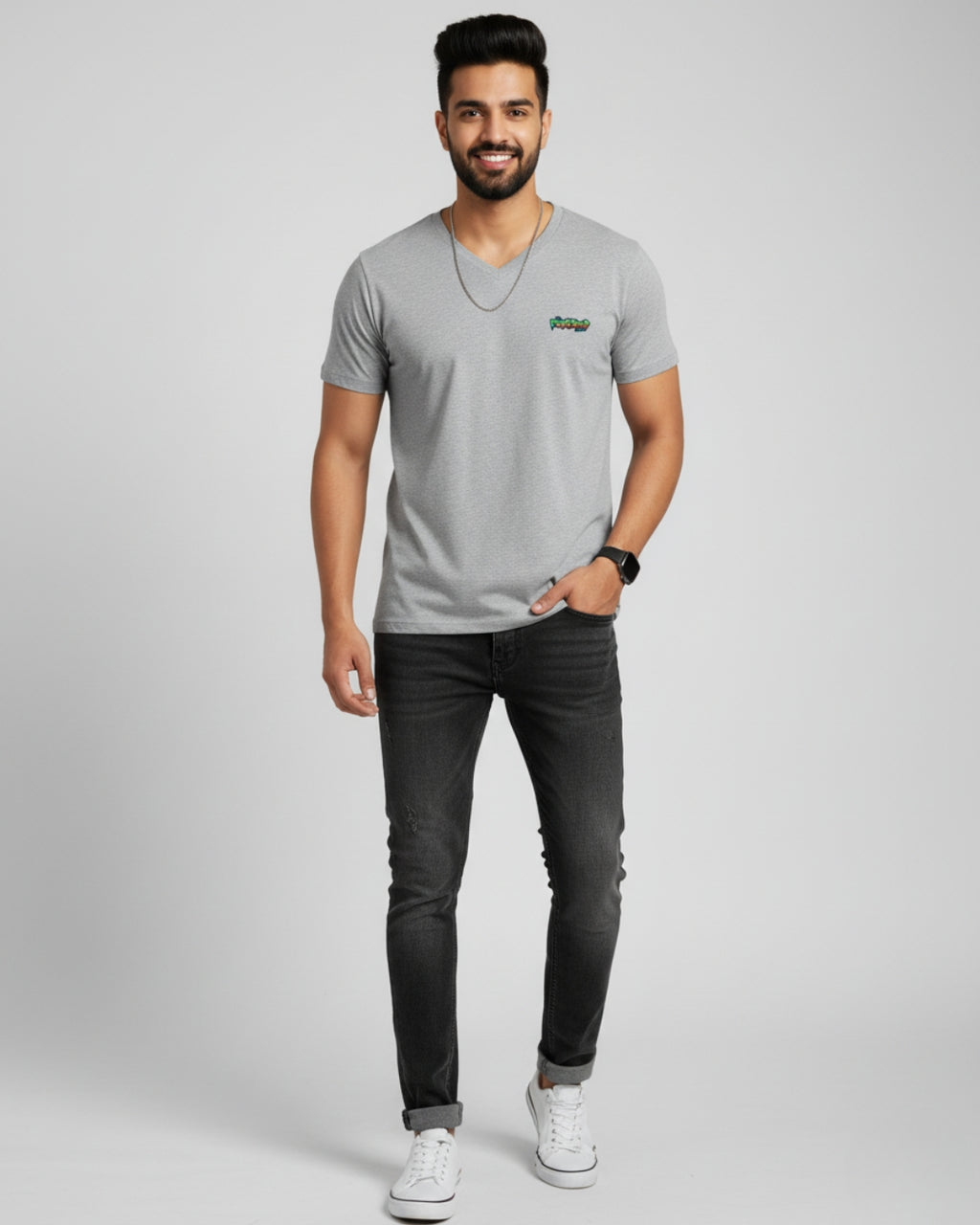 Grey PopDrop Logo Unisex V-Neck Tee | Urban Streetwear Essential