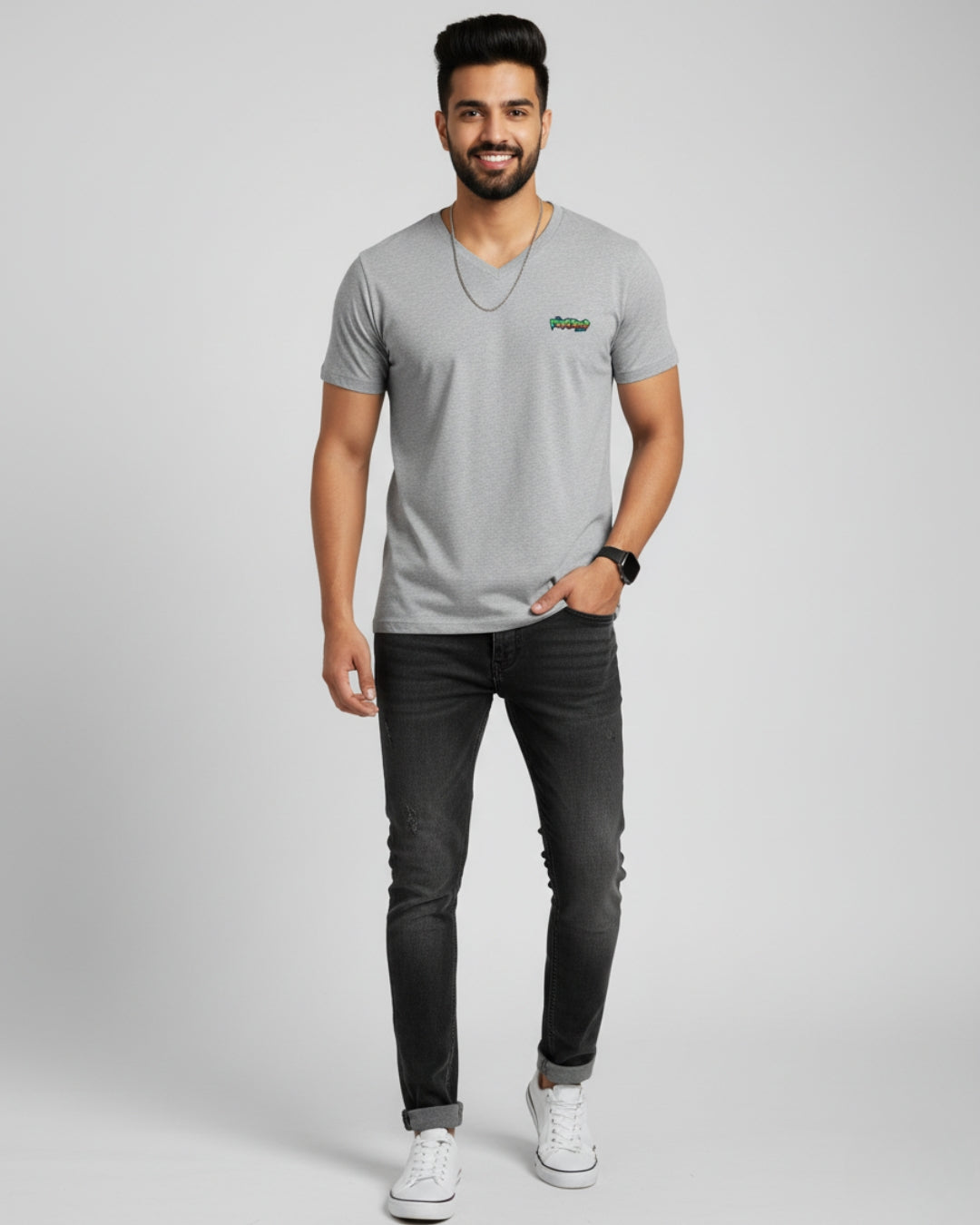 Grey PopDrop Logo Unisex V-Neck Tee | Urban Streetwear Essential