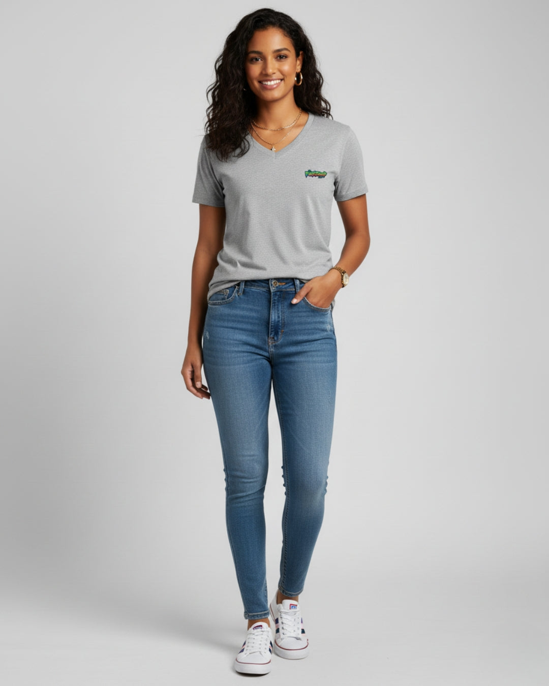 Grey PopDrop Logo Unisex V-Neck Tee | Urban Streetwear Essential