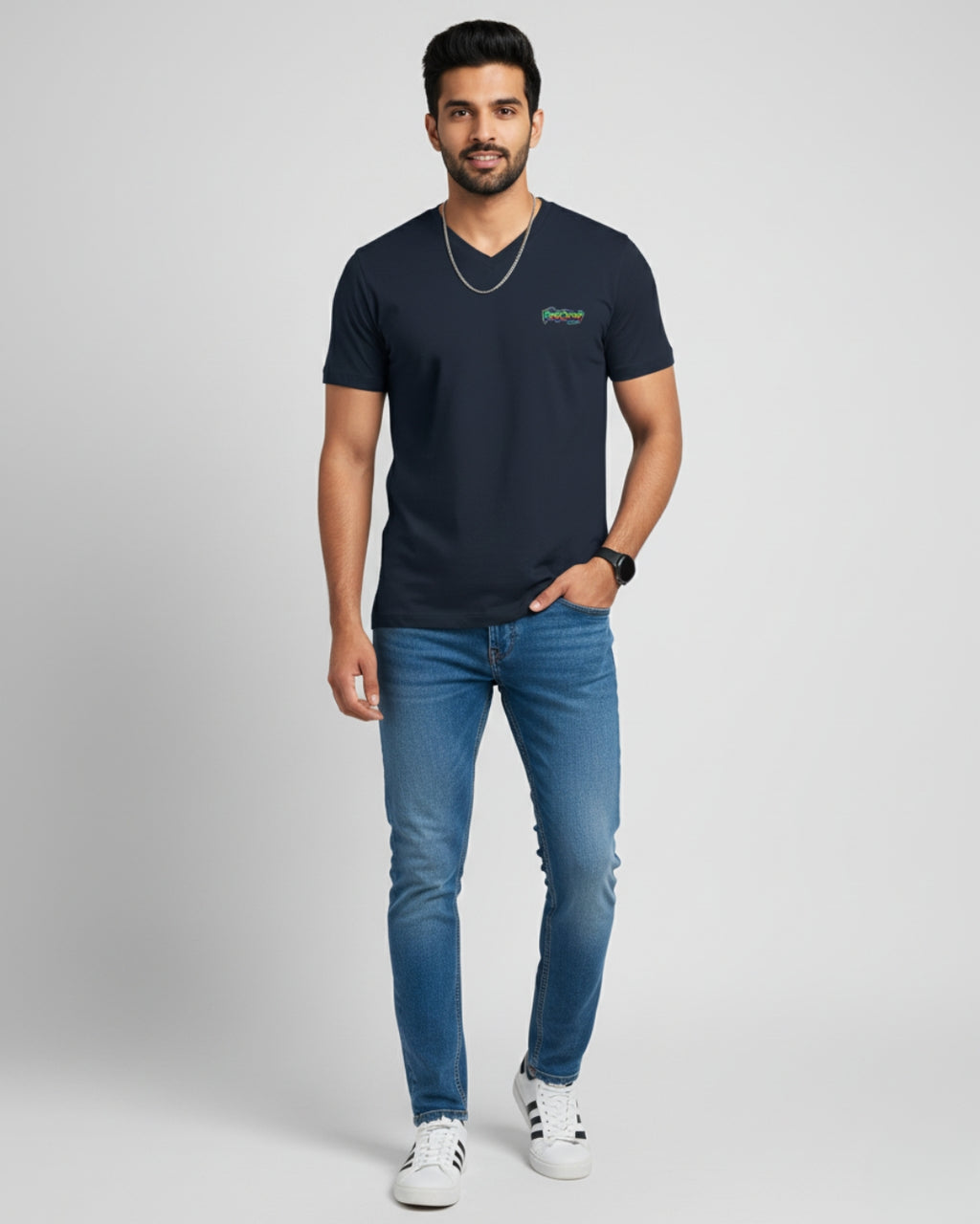 Navy Blue PopDrop Logo Unisex V-Neck Tee | Streetwear Essential