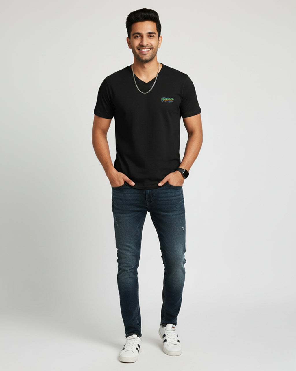 Black PopDrop Logo Unisex V-Neck Tee | Urban Streetwear Essential