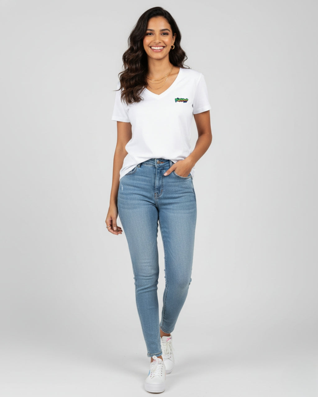 White PopDrop Logo Unisex V-Neck Tee | Streetwear Essential