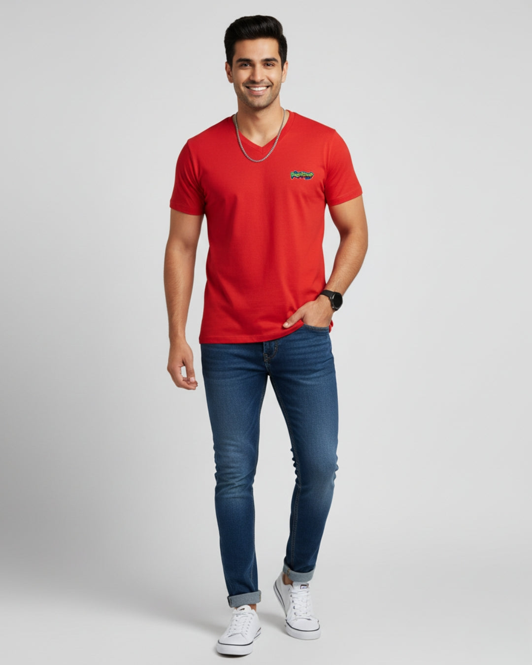 Red PopDrop Logo Unisex V-Neck Tee | Streetwear Essential